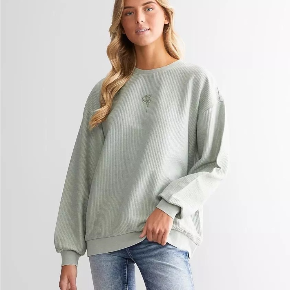 Buckle Sage Green Ribbed Waffle-Knit Sweatshirt